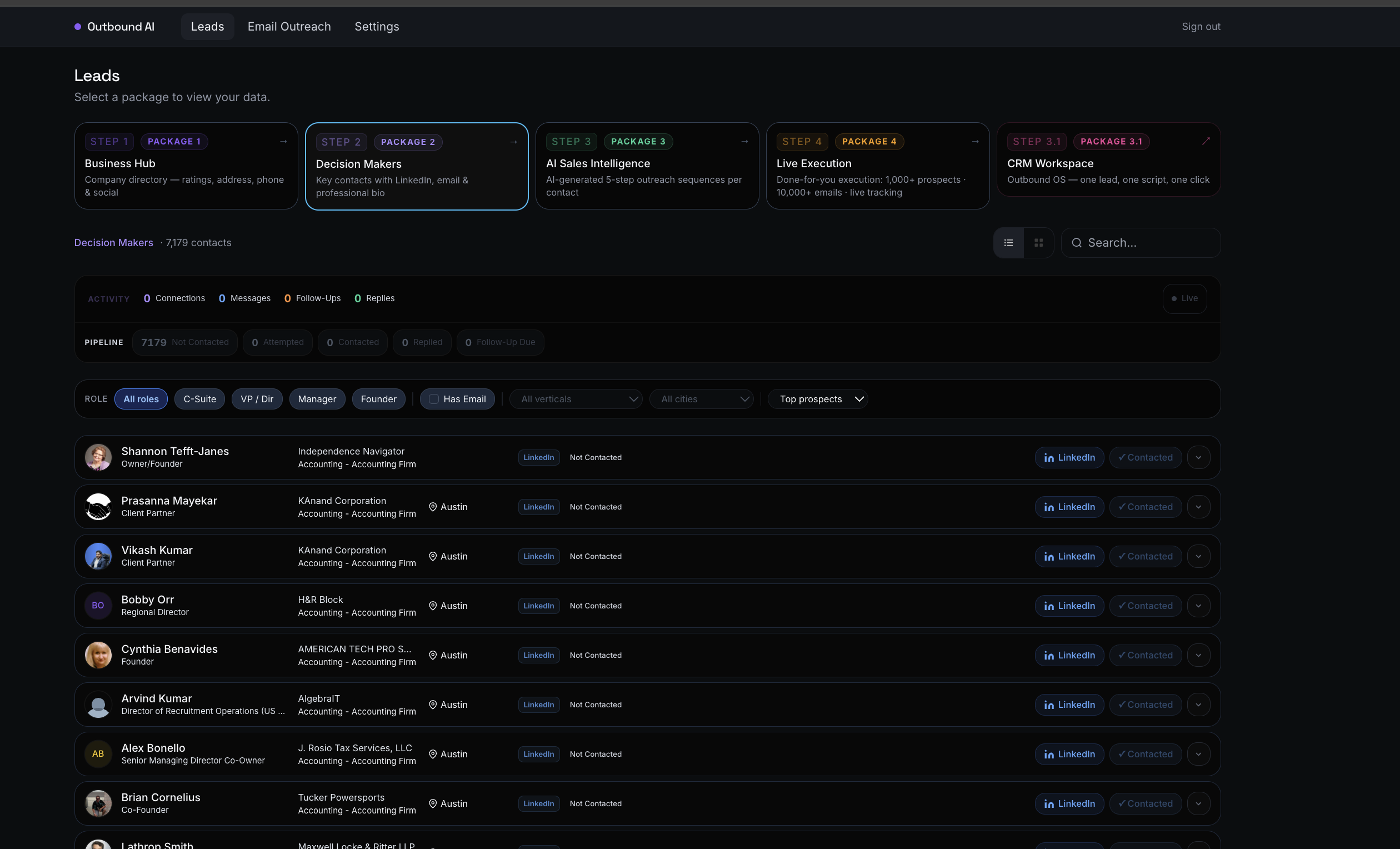 Outbound AI decision-maker workspace with enriched contact rows